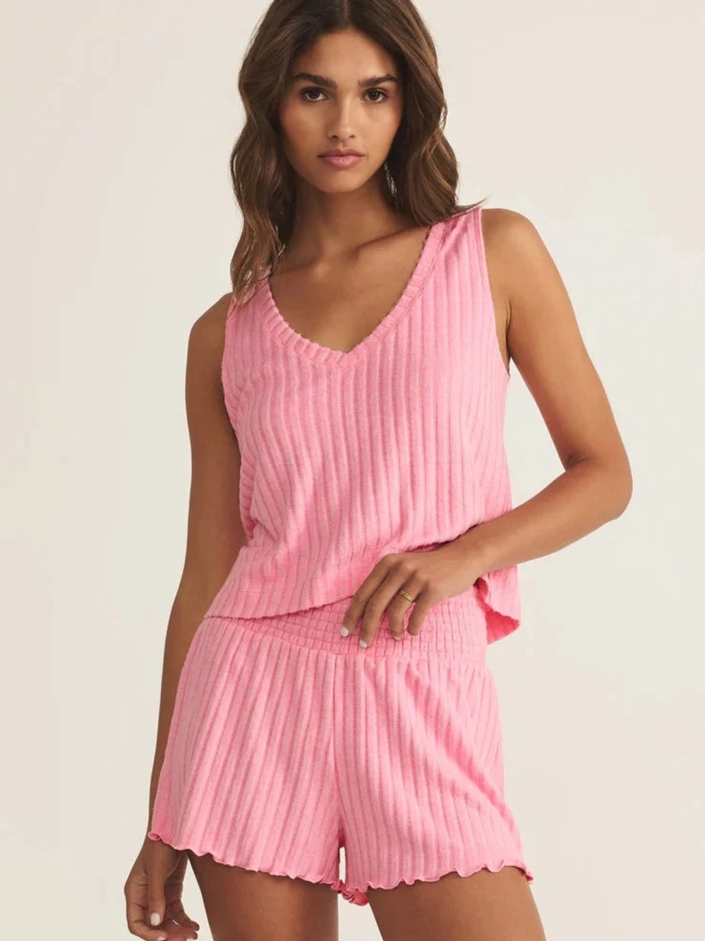 Z Supply Pink Passion Fruit Ribbed Lounge Set Tank Shorts Sloane XS